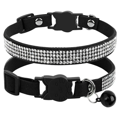 Soft Pink Suede Leather Cat Collar - Cute Bling Rhinestone Design, with Bell & Safety Breakaway Buckle, Adjustable XS/S Sizes