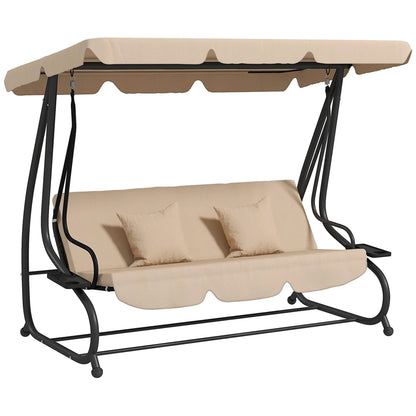 Outsunny 2-in-1 Garden Swing Seat Bed, 3 Seater Convertible Swing Chair Bench with Tilting Canopy, Cushioned Seat and 2 Pillows