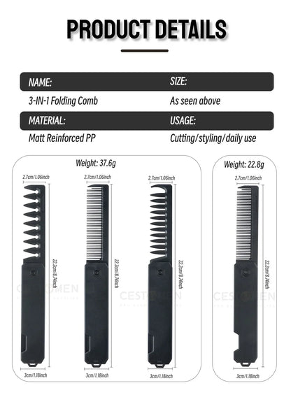 Professional 3 in 1 Pocket Folding Combs Wide Tooth Oil Head Comb Beard Combing Barber Hair Clipper Comb Salon Hair Styling Tool