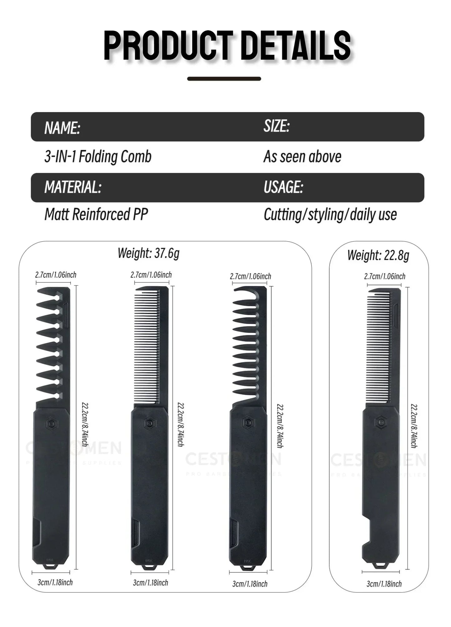Professional 3 in 1 Pocket Folding Combs Wide Tooth Oil Head Comb Beard Combing Barber Hair Clipper Comb Salon Hair Styling Tool