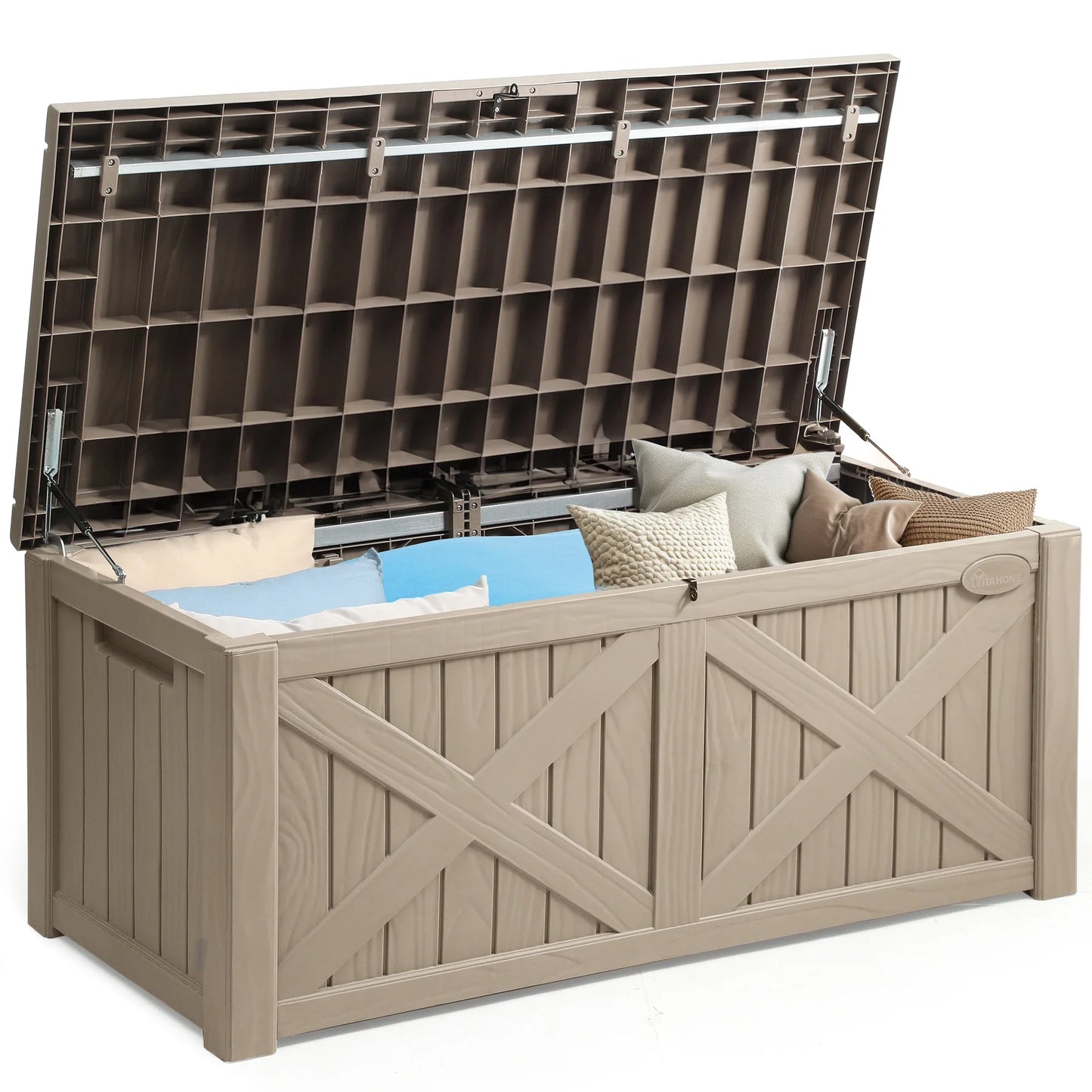 450L X-Front Resin Deck Box, Waterproof Lockable Outdoor Storage Bench for Patio Cushions & Garden Tools