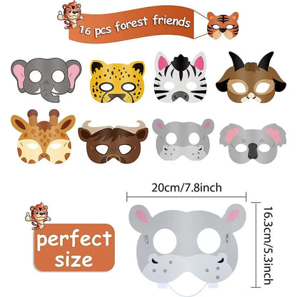 16PCS Jungle Animal MaskCosplay Cartoon Animals Paper Party Masks Jungle Safari Theme Birthday Party Decor Game Dress Sasquerade