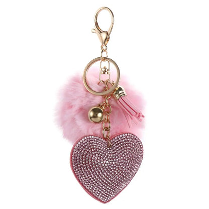 Fashion for Women's Bags Girls Ornaments Packaging Decoration Pompom Keychains Rhinestone Heart Bag Pendant Rhinestone Keyrings