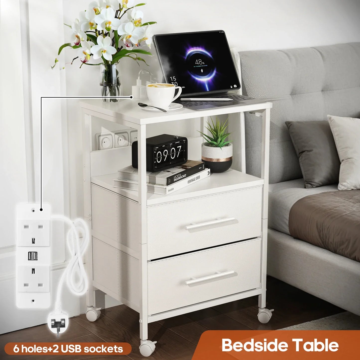 Bedside Table With Charging Station Nightstand With 2 Outlets And 2 USB Ports With 4 Castors