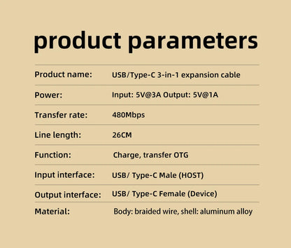 3 in 1 USB A & Type C Splitter HUB Expansion Cable Multi Port Expander OTG Adapter Fast Charging Data Sync for Phone Tablet