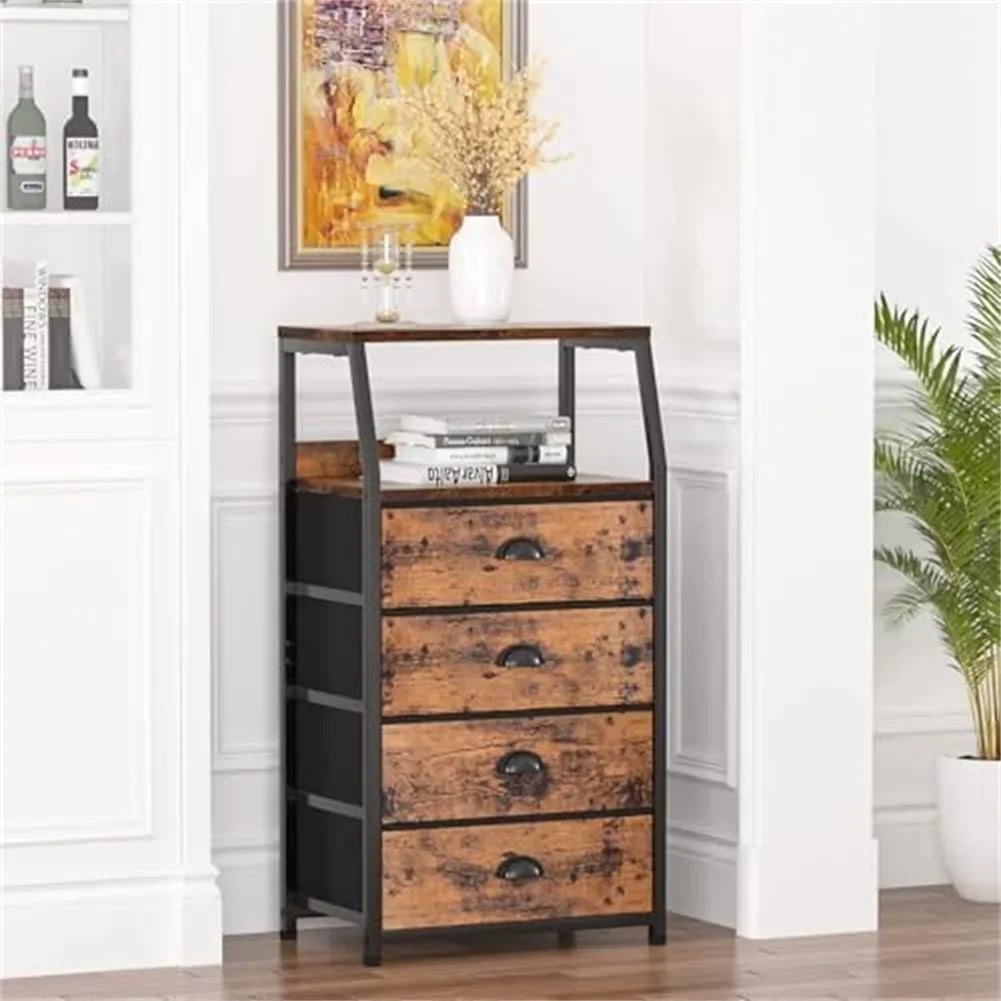 Bedside Table Side End Table with 4 Drawers & Open Shelf Nightstand Chest of Drawers Storage Unit for Living Room, Bedroom