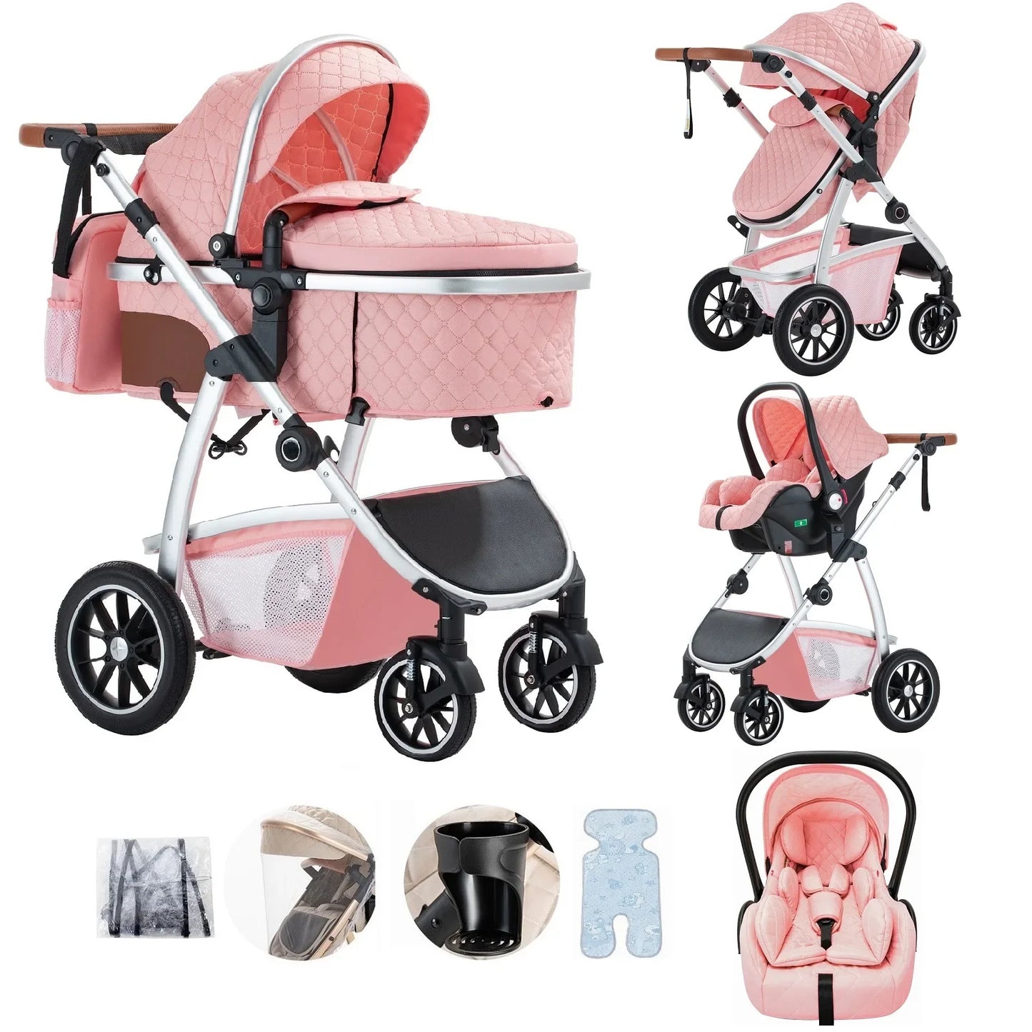 3 in 1 Prams Travel System, Pushchair with Height Adjustable Handle, Travel Pram with Mosquito Net, Baby Stroller with Aluminum