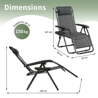 Zero Gravity Reclining Chair Set of 2 – Folding Outdoor & Garden Chairs with Textilene Fabric, Cup Holder and Headrest Pillow