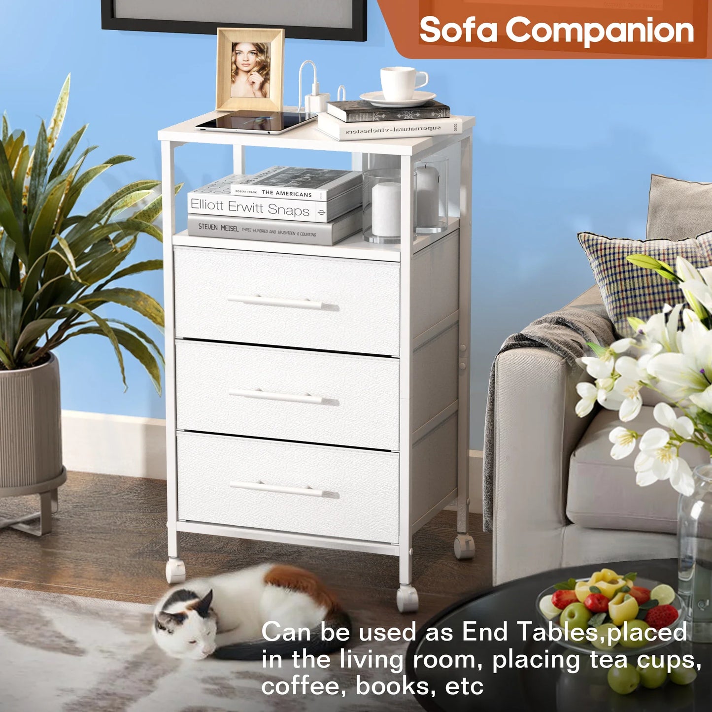Bedside Table With Charging Station Nightstand With 2 Outlets And 2 USB Ports With 4 Castors