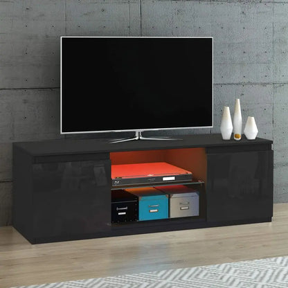 LED TV Unit Cabinet Stand for 55 Inch TV, Modern High Gloss TV Cabinet with RGB LED Lights, 2 Door Storage Sideboard Entertainm