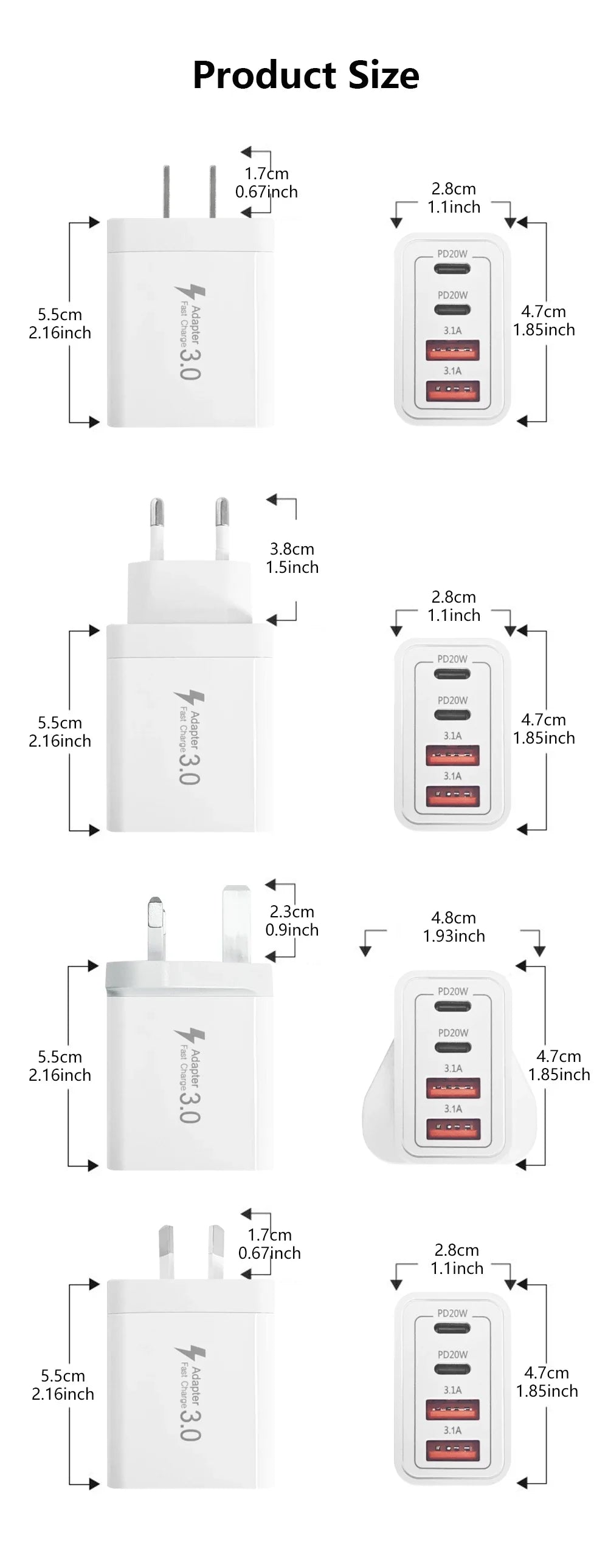EU/UK/US/AU Wall Plug Multi-Port USB-C/USB-A Mobile Phone Charger, 40W Dual PD Fast Charging Block Adapter for iPhone, Xiaomi