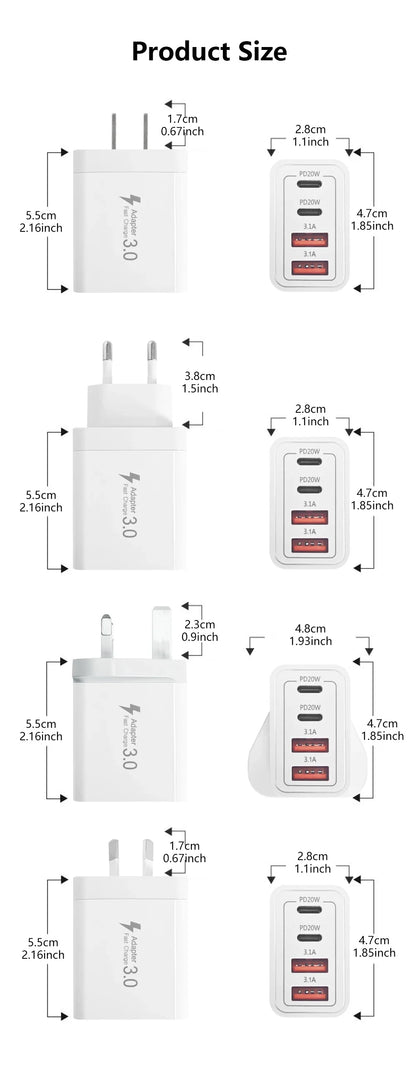 EU/UK/US/AU Wall Plug Multi-Port USB-C/USB-A Mobile Phone Charger, 40W Dual PD Fast Charging Block Adapter for iPhone, Xiaomi