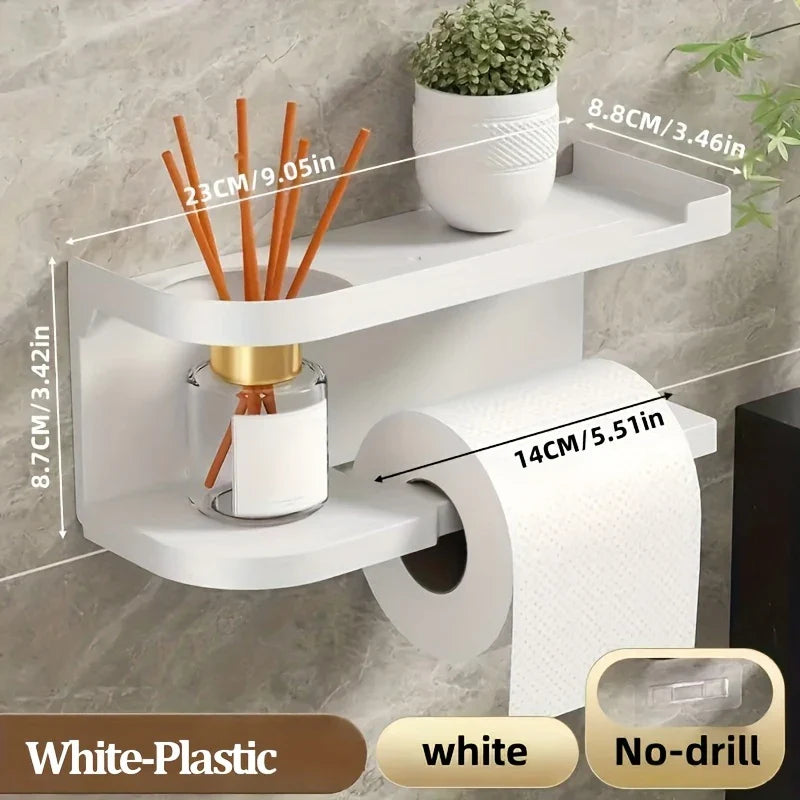 Self Adhesive Toilet Paper Holder with Phone Shelf Stainless Steel Wall Mounted Toilet Paper Roll Holder - Rustproof