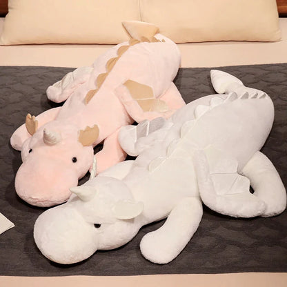 1pc 70-150cm Giant White Dragon Plush Toy With Unicorn Horn Flying Wings Dragons Dinos Hug Throw Pillow Dinos Nap Sleeping Gift