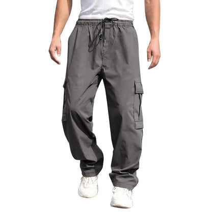 Men Loose Cargo Pants Summer Male High Elastic Waist Zip Pocket Straight Full Trousers BFDZ-A717