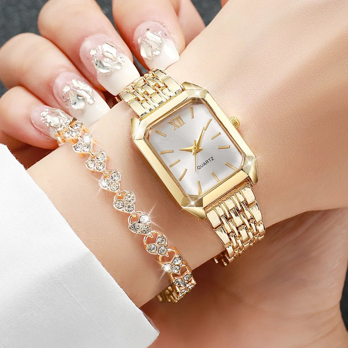 2PCS/Set Fashion Rectangle Women Quartz Watch Ladies Roma Dial Wristwatches Rhinestone Bracelet Set Reloj Mujer Girls Clock Gift
