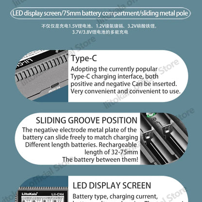 LiitoKala Lii-CH4 Smart Charger for 18650/21700/26650/AA/AAA/Ni-MH/Li-ion,1.2V/1.5V 4-Slot Fast Charge, USB-C, Auto Detect