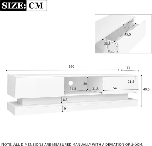 Frontal high-gloss TV stand with 16 RGB LEDs, 2 drawers, and 1 open storage space for 70-79-inch TV stand in living room