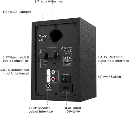 OHAYO 60W Computer Speakers for Music Gaming, Active Bluetooth 5.3, Stereo 2.0 Speakers for Desktop PC or Laptop, Aux RCA Input