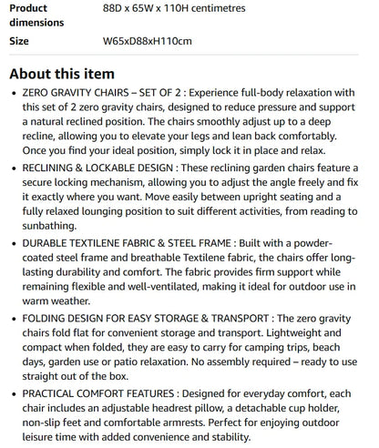 Zero Gravity Reclining Chair Set of 2 – Folding Outdoor & Garden Chairs with Textilene Fabric, Cup Holder and Headrest Pillow
