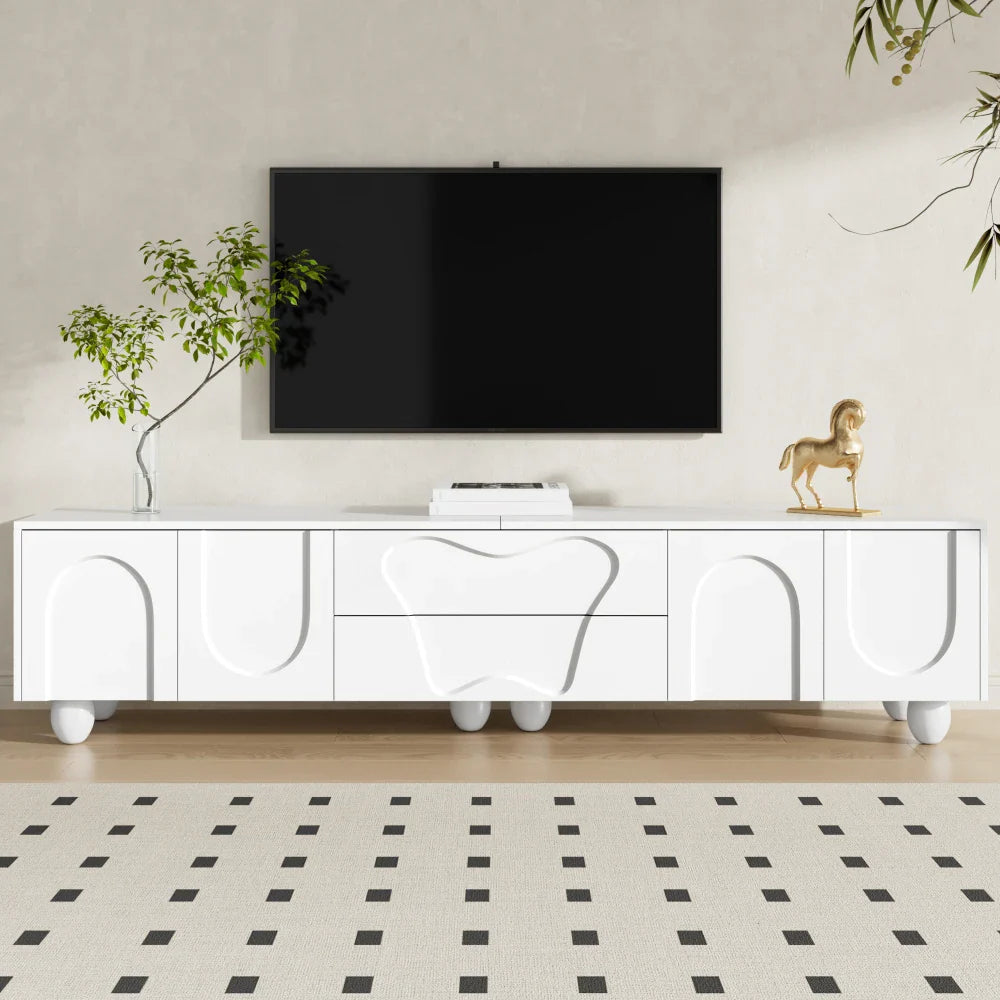 180cm Modern TV Stand for TVs up to 65 inches, Storage TV Cabinet with Solid Wood Legs, Black PB Board Entertainment Center for