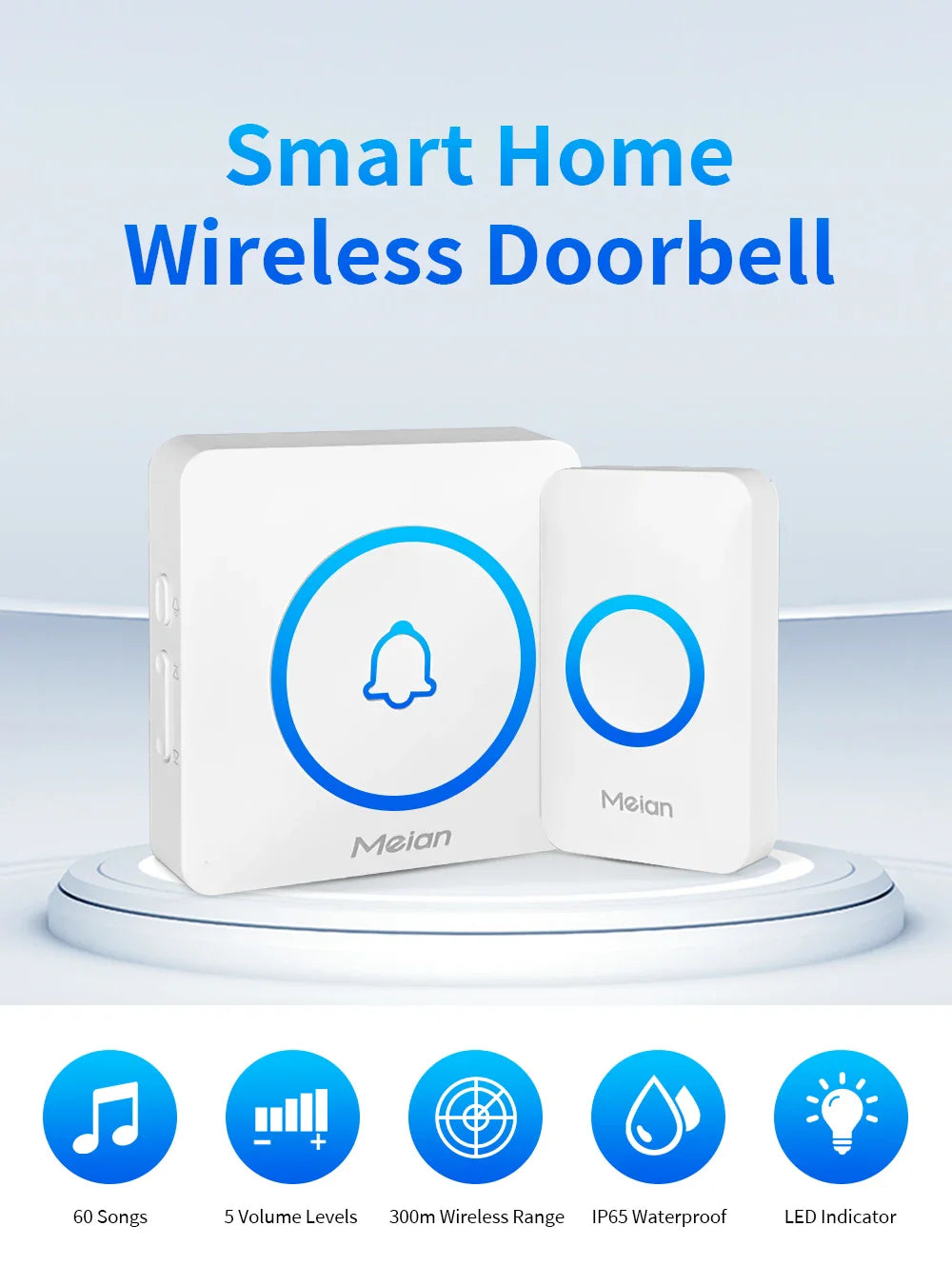Meian-Smart Home Doorbell, Wireless Outdoor Doorbell, IP65 Waterproof Door Bell, 60 Songs, Smart Security Alarm, Door Bell Chime