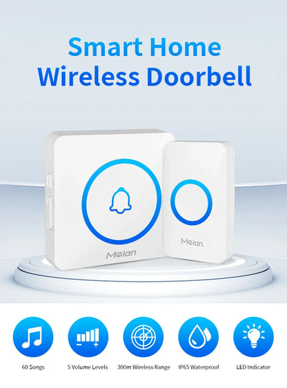 Meian-Smart Home Doorbell, Wireless Outdoor Doorbell, IP65 Waterproof Door Bell, 60 Songs, Smart Security Alarm, Door Bell Chime