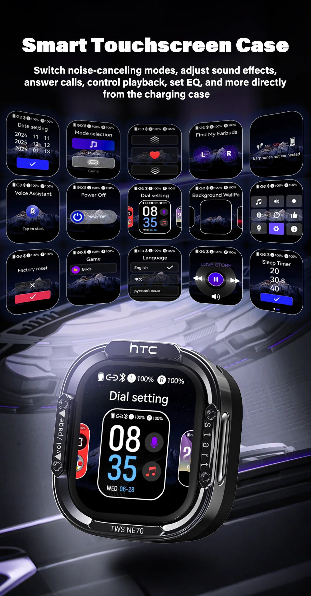 HTC NE70 Bluetooth V6.0 Headphones Smart Touchscreen Wireless Earphones AI Translator Earbuds Gaming Earbuds HD Bass