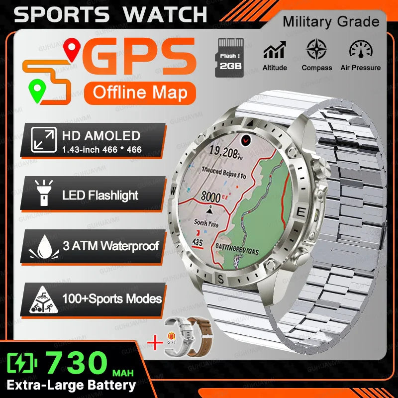 New TANK Military GPS Offline Map Smart Watch 730mAh 3 ATM Waterproof Sports Compass Heart Rate 2GB HD Bluetooth Call SmartWatch
