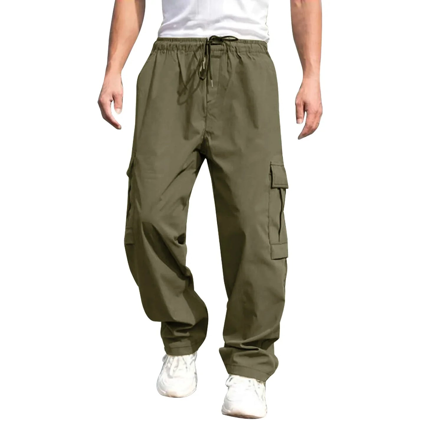 Men Loose Cargo Pants Summer Male High Elastic Waist Zip Pocket Straight Full Trousers BFDZ-A717