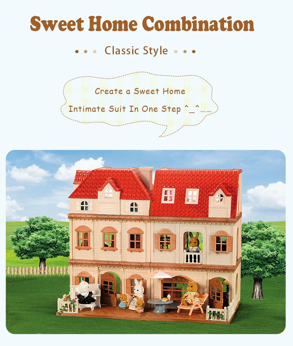 Family Dollhouse Furniture Playset Cabin Doll House DIY Cottage Pretend Play Kitchen Dollhouses Rabbit Dolls Birthdays Gifts
