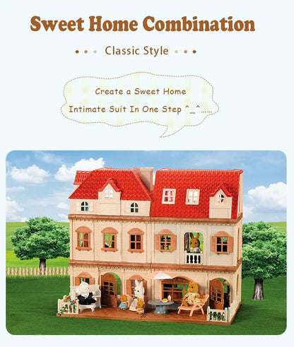 Family Dollhouse Furniture Playset Cabin Doll House DIY Cottage Pretend Play Kitchen Dollhouses Rabbit Dolls Birthdays Gifts