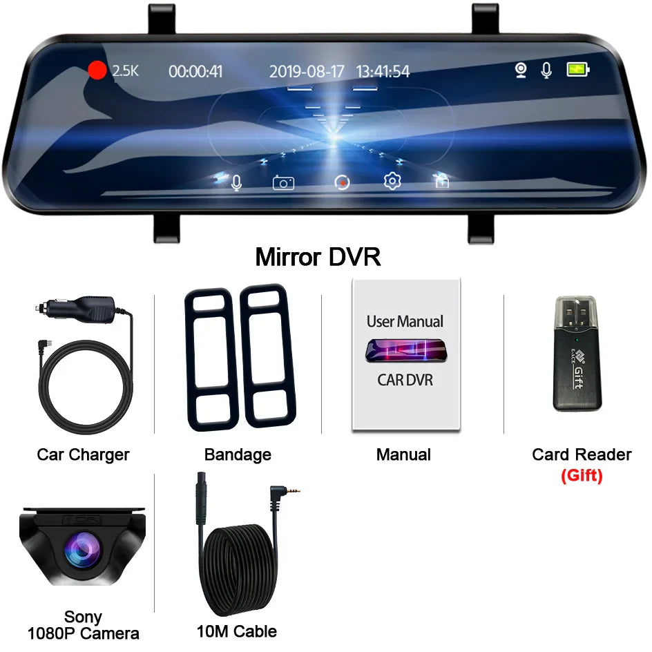 E-ACE 2.5K Mirror Camera For Car Touch Screen Video Recorder Rearview Mirror Dashcam 1440P GPS Wifi 24H Parking DVR Black Box