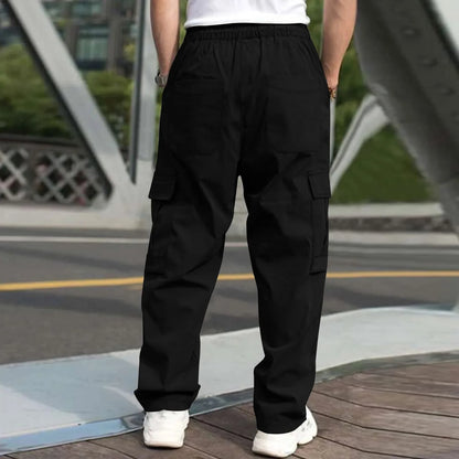 Men Loose Cargo Pants Summer Male High Elastic Waist Zip Pocket Straight Full Trousers BFDZ-A717