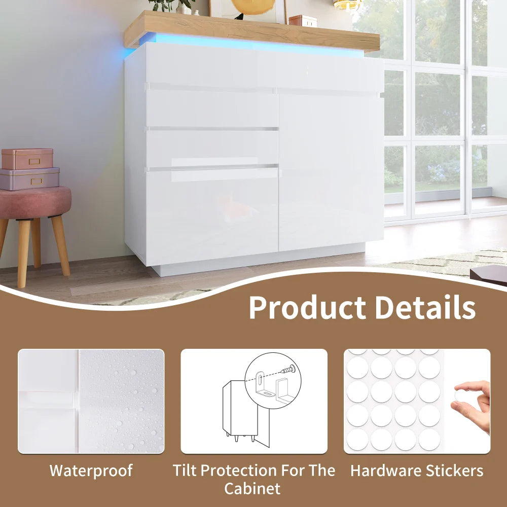 PINGGO Chest of Drawers,High-gloss Sideboard Cabinet with 2 Doors and 3 Drawers,Storage with RGB LED,115 x 110 x 39 cm, White