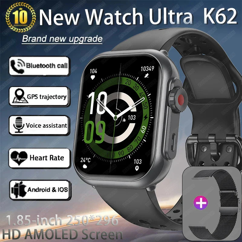 Watch Ultra K62 Men Women 1000mAh AMOLED 100+Sport Heart Rate HD Bluetooth Call GPS Track Waterproof Smart Watch For iOS Android