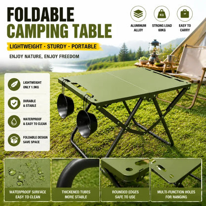 Green Portable Foldable Camping Table, Hollow Edge Hangable Design, Lightweight Durable Table for Picnic Beach Outdoor Travel