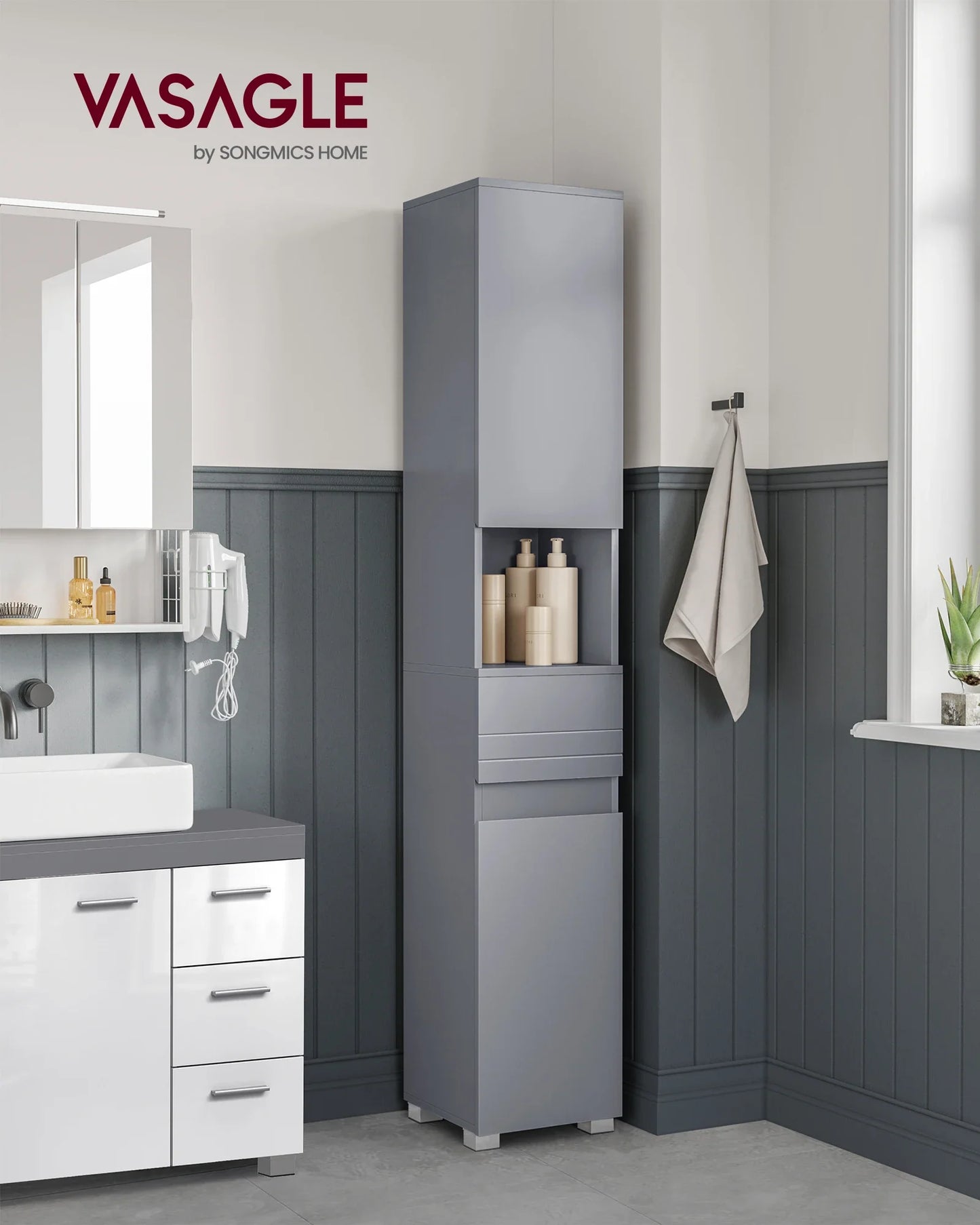 VASAGLE Tall Bathroom Cabinet, Slim Storage Cabinet, Narrow Cupboard, Grey