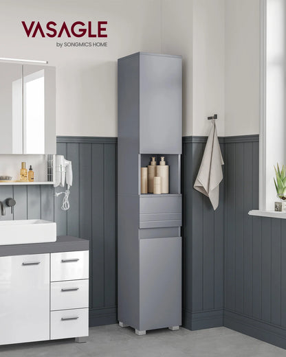 VASAGLE Tall Bathroom Cabinet, Slim Storage Cabinet, Narrow Cupboard, Grey