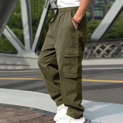 Men Loose Cargo Pants Summer Male High Elastic Waist Zip Pocket Straight Full Trousers BFDZ-A717