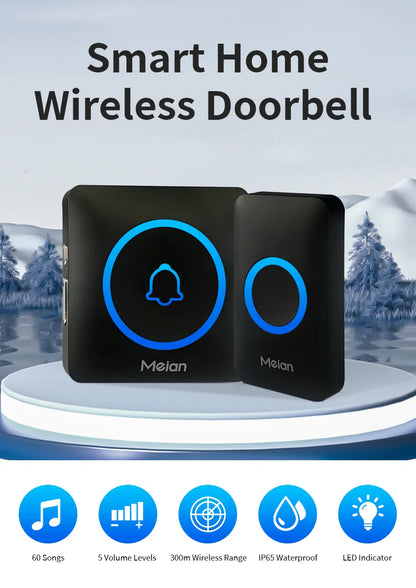 Meian IP65 Waterproof Wireless Doorbell Smart Home Outdoor Door Bell 60 Ringtone 5 Volume Adjustable LED Flash Smart Door Bell