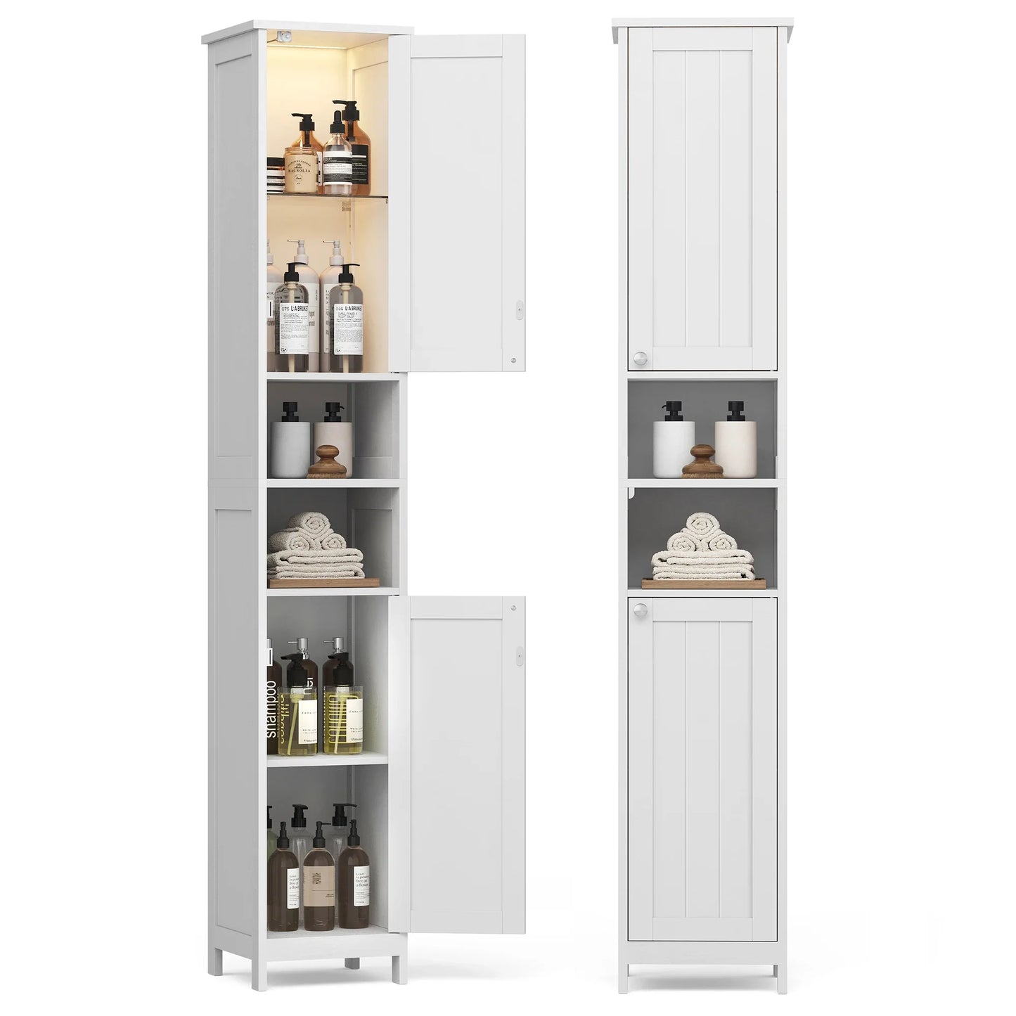 VASAGLE Tall Bathroom Cabinet with Lights, Freestanding Narrow Storage Unit with Adjustable Shelves, Open Compartments