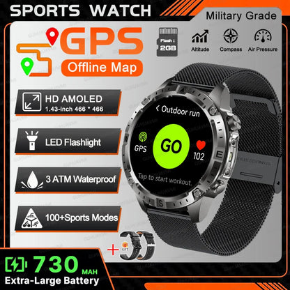 New TANK Military GPS Offline Map Smart Watch 730mAh 3 ATM Waterproof Sports Compass Heart Rate 2GB HD Bluetooth Call SmartWatch