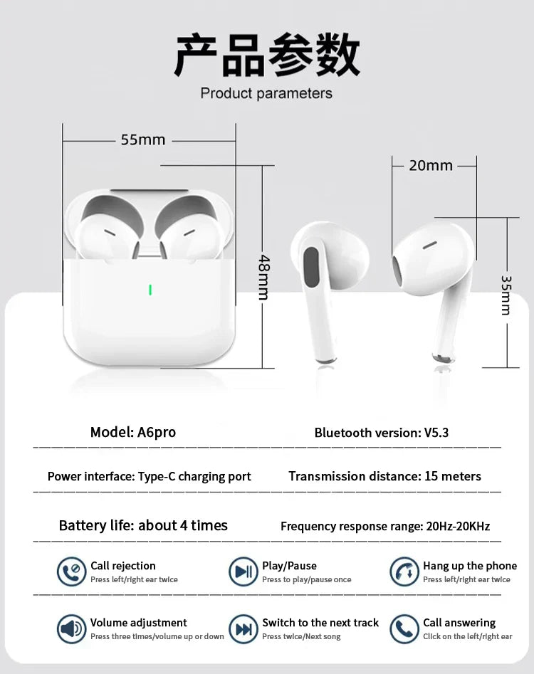 UEESFIT TWS Pro 6 Wireless Bluetooth Earphones Headphones Noise Reduction Air Earbud Low Latency HiFi Sound for IPhone Android