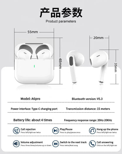 UEESFIT TWS Pro 6 Wireless Bluetooth Earphones Headphones Noise Reduction Air Earbud Low Latency HiFi Sound for IPhone Android