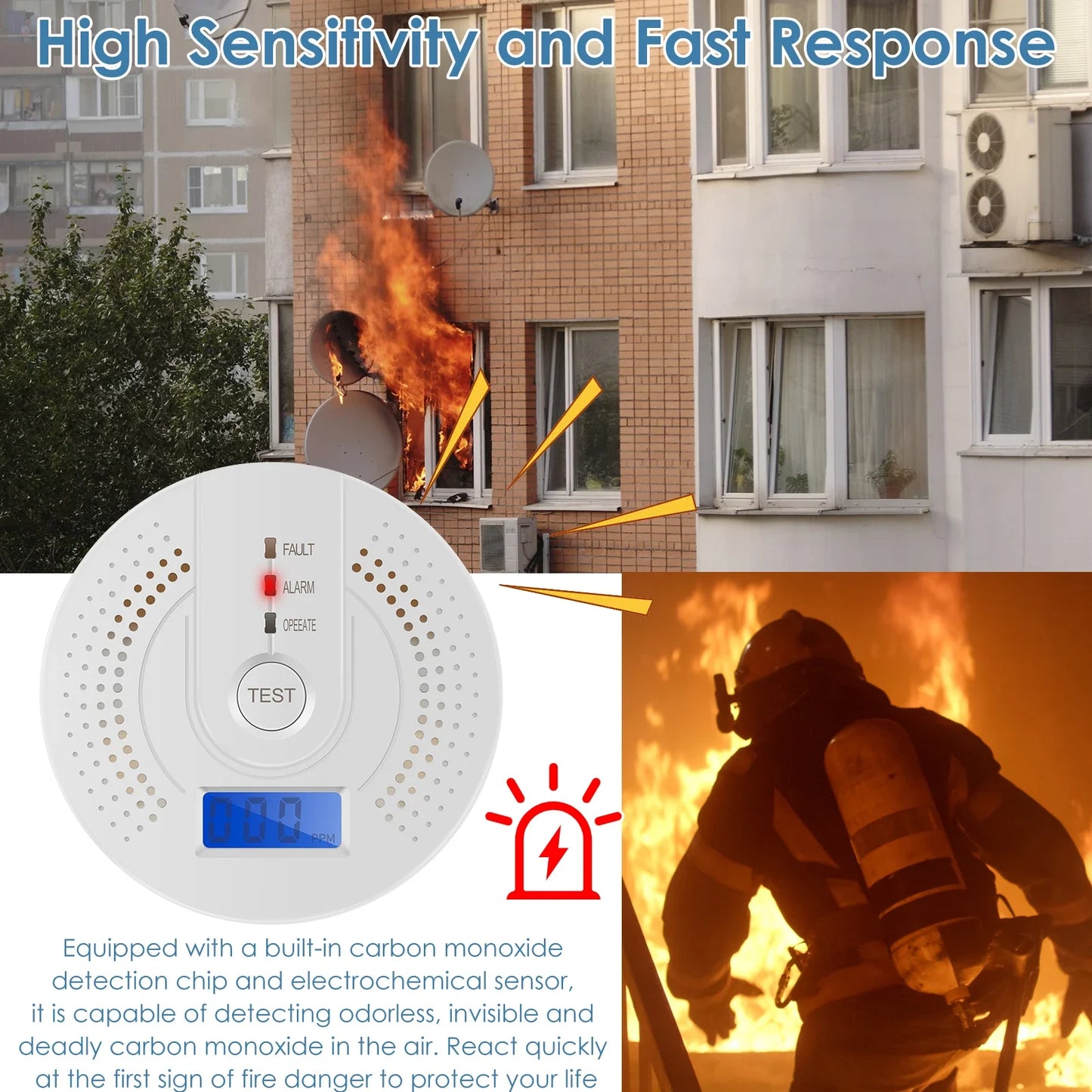 Independent CO Alarm Sensor Carbon Monoxide Alarm Detector High Sensitive Warning LCD Display CO Alarm With UL2034 For Home Test