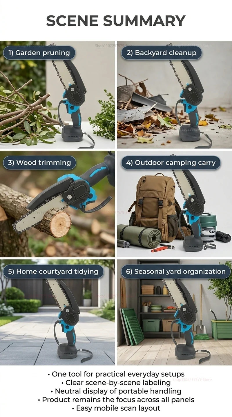 6Inch Cordless Electric Chainsaw Rechargeable No Battery Lightweight Power Tool for Woodcutting Gardening Makita 18V Compatible