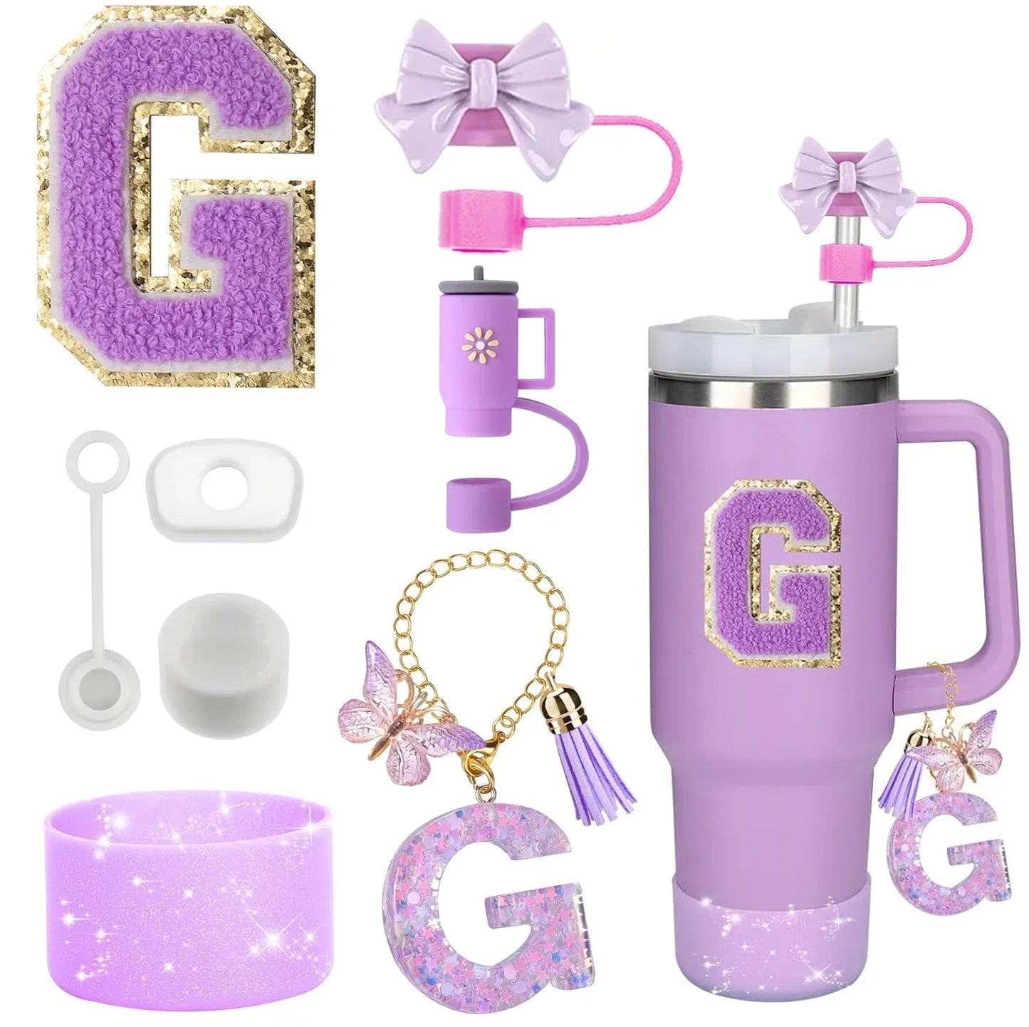 8PCS Accessories Set for Stanley Cup Purple 30oz 40oz tumbler Silicone Straw Topper Cover Cap Boot Handle Charm Initials Sticker