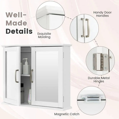 Bathroom Wall Cabinet, Double Door Mirrored Storage Cupboard with Inner Shelf, SpaceSaving Medicine Cabinet Organizer for Kitch