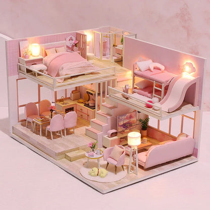 DIY Wooden Doll House Handmade Duplex Apartment Production 3D Puzzle Assembly Building Duplex Apartment Model Toy Children Gifts